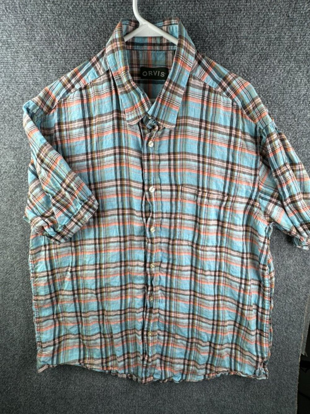 Orvis Short Sleeve Button Up Shirt All Linen Plaid Orange Blue XL Outdoors Men